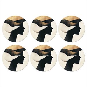 Onderzetters voor glazen - Rond - Vrouw - Golven - Zwart - 10x10 cm - Glasonderzetters - 6 stuks