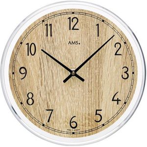 AMS ronde glazen/houten wandklok met quartz-uurwerk