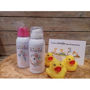 Basisschool-Kleuter-Giftset-Kado-Cadeau-Verwenpakket-Peuter-Wendagen-Mijlpaal-Er gaat er eendje naar de basisschool-Kleuterschool-Groep 1-Halve dagen-Gonnie-Gijsje-Gansje-Unicorn-Eenhoorn-Parfum-Showerfoam-Deodorant-Schoon-Huidverzorging