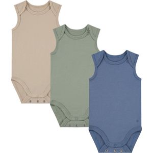 Bamboo Basics Izzy - Bamboe Baby Meegroei Romper (Multipack 3 stuks) - Mouwloos - Zijdezacht - Ademend - Beige, Groen & Blauw - 92