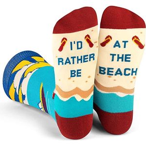 Malinsi Grappige Sokken Beach - Leuke Huissokken Dames en heren - I'd Rather Be Strand Vakantie - 37 tot 45 - Cadeau voor Man & Vrouw