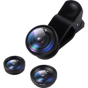 DrPhone PiX - 180° Lens Universele Premium 3 in 1 Fish Eye Lens - Macro Lens / Wide Lens / Fish Eye lens Kit - Zwart