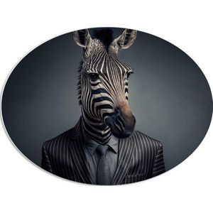 PVC Schuimplaat Ovaal - Gestreepte Zebra in Gestreeot Zakelijk Pak met Stropdas - 80x60 cm Foto op Ovaal (Met Ophangsysteem)
