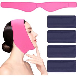 Gezichtskompres Set 5-delig - Verstelbare Koude/Warme Gezichtsband met 4 Gelpacks - Gezichtsverzorging voor Sport, Yoga en Migraine - Ademend Materiaal met IJspakkingen - Roze