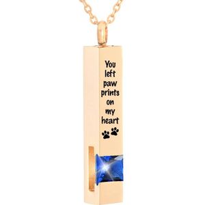 Luxe Ashanger | Met Ketting En Gravering | You Left Paw Prints On My Heart | Assieraad | Rosegoudkleurig Met Blauwe Steen | As Ketting | Gedenksieraad | Urn | Incl. As vuller