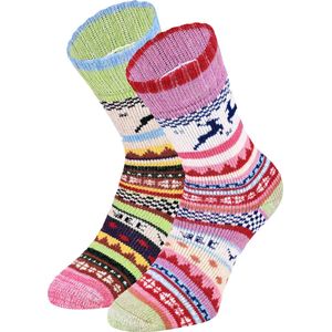 2 Paar Gebreide Wollen Sokken met Kleurrijk Patroon - Huissokken / Mix-2 / 35-38