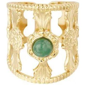 Sierlijke Gouden RVS Statement Ring Met Groene Natuursteen - Verstelbare Stainless Steen Ringen - Gouden Dames Ringen met steen