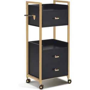 Kapperswagen met 3 lades en 2 planken - Zwart-Goud Salonwagen met Föhnhouder