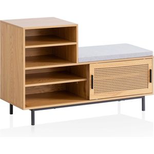 Rootz Modern Design Garderobebank - Zitting met grijze stoffen bekleding - Schuifdeuropslag - Eiken afwerking - Verstelbare planken - 120 cm x 75,5 cm x 40 cm