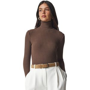 Happinessistanbul Gele Geribbelde Basissweater Dames Met Col Bv00095