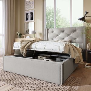 Sweiko Hydraulisch eenpersoonsbed gestoffeerd bed 90x200cm, Bed met metalen frame lattenbod, Modern bed frame met opbergruimte, Katoen, Lichtgrijs