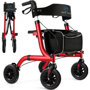Safe Age - Rollator - Rood - Lichtgewicht en Opvouwbaar - Zitfunctie - Voor Binnen en Buiten