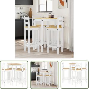 The Living Store 5-delige Barset massief grenenhout wit - Bartafel - Houten Bartafel - Barstool - Stoffen Barkruk - Eettafel