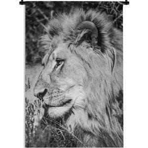 Wandkleed Leeuw in zwart wit - Mannelijke leeuw met manen Wandkleed katoen 90x135 cm - Wandtapijt met foto