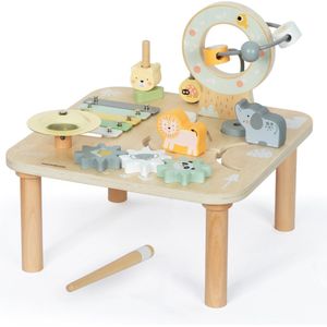 Mamabrum Houten Educatieve Tafel voor Kinderen, 7-in-1 Muziekspeeltje met cymbellen en gong, motorlus, puzzel voor kinderen, sensorisch speelgoed, wilde jungle