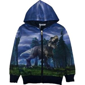 Kinder vest met Dino Dinosaurus full color print | Capuchon | Kleur kobaltblauw | Maat 122/128 | Sweatvest | T-rex | Supermooi!