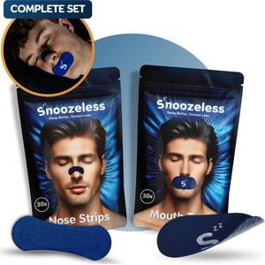 Snoozeless Mondtape & Neusstrips Set – Anti-Snurk Bundel voor Betere Ademhaling & Nachtrust – Hypoallergeen & Huidvriendelijk – Mond Tape & Neuspleisters voor Slaap & Sport – 30x Mondtape + 30x Neusstrips