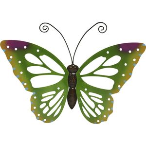 Grote groene deco vlinder/muurvlinder van metaal 51 x 38 cm tuindecoratie - Tuinvlinders - Wand en schutting