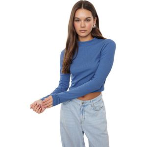 Trendyol Indigo Gewassen Getailleerde Cropped Opstaande Kraag Geribbelde Rekbare Gebreide Blouse Tweeaw25Bz00165