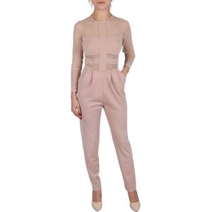 John Zack Nude-jumpsuit met lange mouwen en doorschijnende mesh-inzetstukken, slim fit / XXS