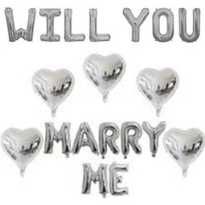 Ballonnen set Will You Marry Me zilver met 5 grote harten - aanzoek - will you marry me - zilver - valentijn - huwelijk