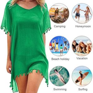 Chiffon Strandkleding Vrouwen Strand Bikini Cover Up Kwastje Strand Jurk V-hals Badmode Zomer Casual Badpak
