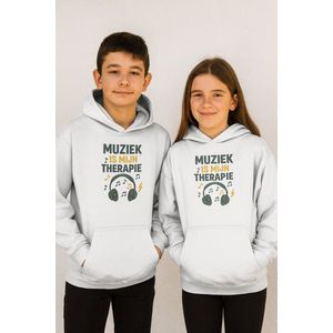 Kinder Hoodie “Muziek is mijn therapie” – Wit – Unisex Trui 3-4 Jaar – Comfortabel & Stoer Muziekdesign