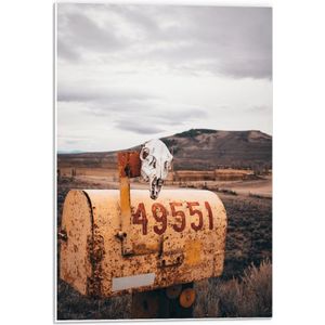 Forex - Witte Doodskop bij Oranje Brievenbus - 40x60cm Foto op Forex