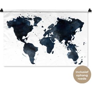 Wandkleed WereldkaartenKerst illustraties - Wereldkaart geverfd met donkerblauwe en zwarte waterverf Wandkleed katoen 90x60 cm - Wandtapijt met foto
