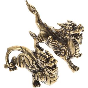 Feng Shui Ornamenten - Mannelijke en Vrouwelijke Gouden Draak Sculptuur Dragon Verjaardagsdecoraties Kylin Standbeeld Decor Brons Klein Bureau - Set van 2