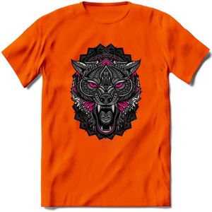 Wolf - Dieren Mandala T-Shirt | Roze | Grappig Verjaardag Zentangle Dierenkop Cadeau Shirt | Dames - Heren - Unisex | Wildlife Tshirt Kleding Kado | - Oranje - 3XL