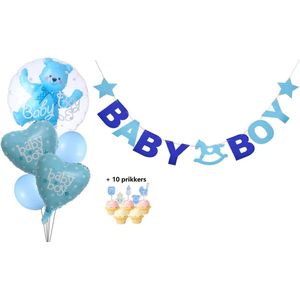 Versiering Jongen - Blauw| Set Slinger, Folieballonnen, ballonnen, prikkers -  Decoratie Baby- Baby Boy | Babyshower - Geboorte - Kraamfeest - Party - Decoratie