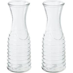 2x stuks karaffen/schenkkannen 1 liter van ribbel glas met uitlopende hals - Waterkannen - Sapkannen