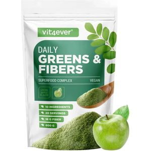 Vit4ever - Daily Greens & Fibers - 600 g - Smaak Groene Appel - Complete mix van superfoods & vezels (spirulina, gerstengras, moringa, baobab, psyllium) - Frisse smaken Green Apple & Lemon - Veganistisch