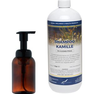 Zeepdispenser 300 ml amber bruin hervulbaar + 1 liter Shampoo Kamille navulling