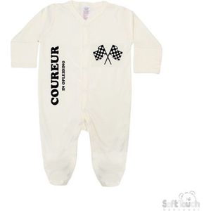 Soft Touch Boxpakje ""Coureur in opleiding"" Unisex Katoen Off white/zwart Maat 56/62