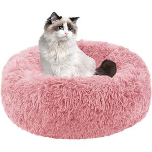 Knus Kattenbed in Donutvorm - Zachte Pluche Kattenkussen - Warm en Comfortabel - Antislip Bodem - Voor Kleine en Middelgrote Huisdieren - Ideaal voor Binnenrust - Roze