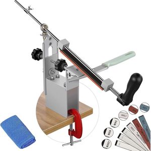 Knife Sharpener - 360° Rotation Flip Design Fixed Angle Aluminium System with 6 Grinding Wheels and Towel