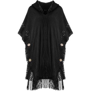 Dames poncho met capuchon - gehaakte cardigan met franjes
