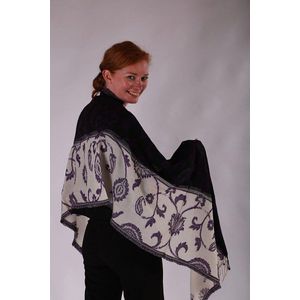 Wollen sjaal met ingeweven patroon in zwart crème wit en paars 50 x 180 cm
