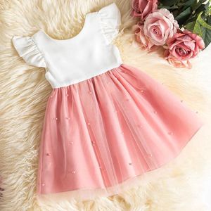 Baby jurk - meisjes jurk - roze - wit - nette jurk - oud en nieuw kleding - korte mouw - prinses - prinsessenjurk - tule - parel - feest - baby - babyjurk - meisjes jurk - maat 116/122