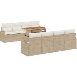vidaXL - 9-delige - tuin - eethoek - met - kussens - Beige - Poly - Rattan - Acacia