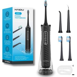 HAIDU 3 in 1 Elektrische Tandenborstel – 3 Verschillende Opzetstukken – 2 Opzetborstels – 180ml Waterreservoir – Monddouche – Zwart – Standaard Plus Bundel