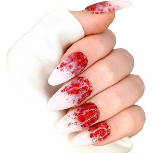SD Press On Nails - No. 83 Glitterazzi - Plaknagels - Nagelset 20 Nageltips - Milky Nude Rood Glitter - Kunstnagels - Nepnagels - Lang Stiletto - Handgemaakte Nail Art