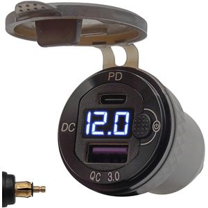 ProRide USB Lader Motor met Voltmeter/Schakelaar - Din Hella - PD/QC3.0 - 12V/24V - Motor USB C lader 2 poorten - Blauw