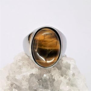Ovale brede zegelring in edelstaal met Tijgeroog edelsteen maat 22. Deze geweldige ring is mooie zelf te dragen of iemand cadeau te geven.