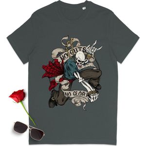 T shirt met skelet en quote: 'No Guts, No Glory' - Dames en heren tshirt - T-shirt vrouwen en mannen met print opdruk - Unisex maten: S t/m 3XL - Shirt kleuren: zwart, anthracite, Frence Navy en Burgundy (bordeaux rood).