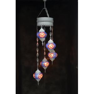 Hanglamp multicolour pastel blauw glas mozaïek 5 bollen Turkse Oosterse Crèmewit Marokkaanse kroonluchter