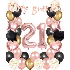 Snoes Ballonnen 21 Jaar Set Mega Rose Black Zwart Ballonen set - Compleet Feestpakket Cijferballon 21 Jaar - Verjaardag Versiering Slinger Happy Birthday – Folieballon – Latex Ballonnen - Helium Ballonnen