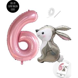 Snoes - Stampertje Basis ballon set XXL Cijferballon Baby Roze Pink Nude 6 - Lief Konijn + Cijfer Ballon 6 Jaar - Helium Geschikt